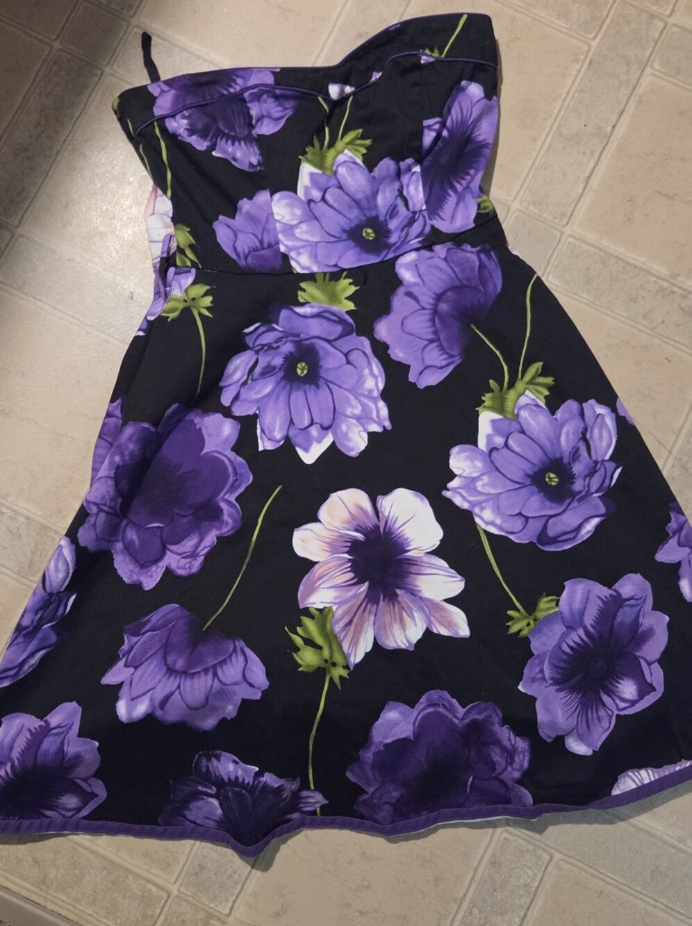 Black Strapless Dress with Purple Floral Print